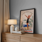 Poster of a woman in a swimsuit with arms raised at the beach surrounded by flowers Artwork Cote d'Azur by Roger Broders