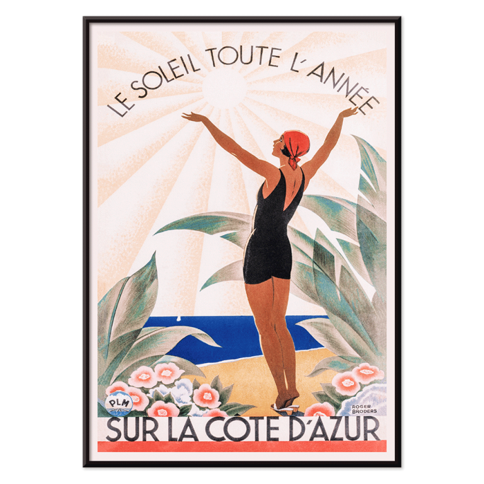 Poster of a woman in a swimsuit with arms raised at the beach surrounded by flowers Artwork Cote d'Azur by Roger Broders