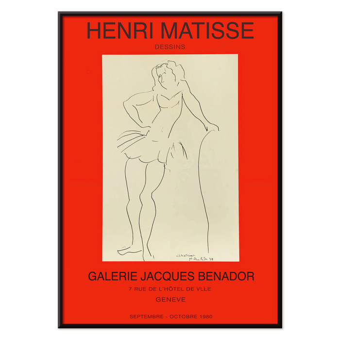 Póster para la Exposición Matisse en Ginebra, con obras de Henri Matisse y un dibujo lineal minimalista de una figura de pie.