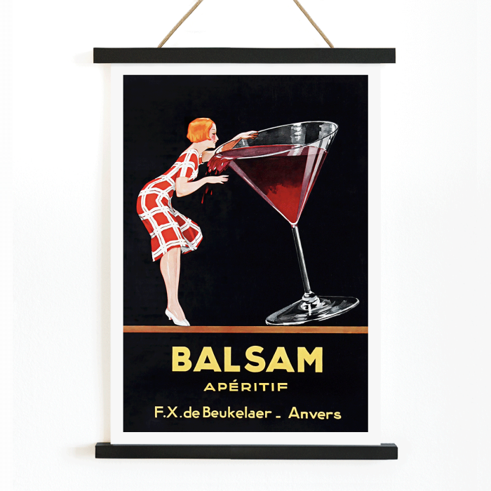 Póster de Balsam Aperitif de Jean d'Ylen que presenta a una mujer bebiendo de un vaso gigante con un contenido rojo vibrante.