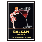 Póster de Balsam Aperitif de Jean d'Ylen que presenta a una mujer bebiendo de un vaso gigante con un contenido rojo vibrante.