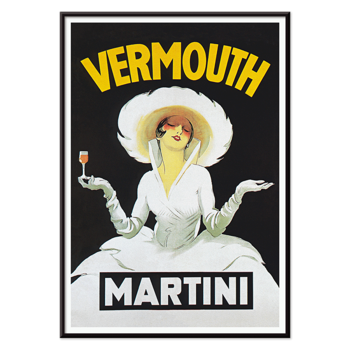 Póster Vermouth Martini de Marcello Dudovich presenta a una elegante mujer vestida de blanco sosteniendo un vaso sobre un fondo negro.