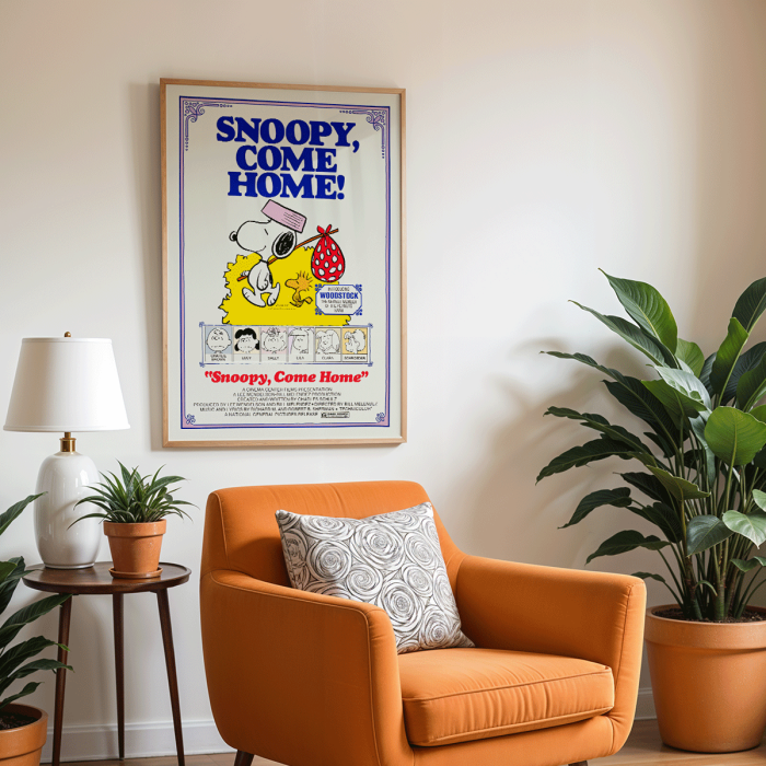 Snoopy Come Home movie poster featuring Snoopy and Woodstock by Charles Schulz artwork showcasing Peanuts characters Lucy and Charlie Brown