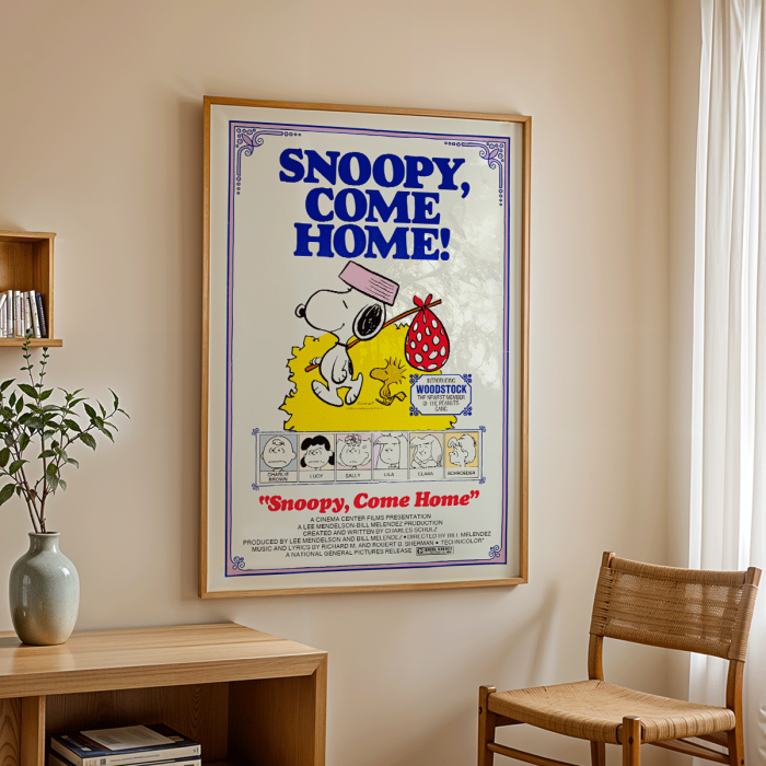 Snoopy Come Home movie poster featuring Snoopy and Woodstock by Charles Schulz artwork showcasing Peanuts characters Lucy and Charlie Brown