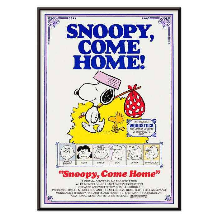 Póster de la película Snoopy Come Home con Snoopy y Woodstock, obra de arte de Charles Schulz que muestra a los personajes de Peanuts Lucy y Charlie Brown