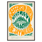 Diseño Póster de Wes Wilson para The Jefferson Airplane Jay Walkers en el Auditorio Fillmore con texto vibrante en naranja y verde.