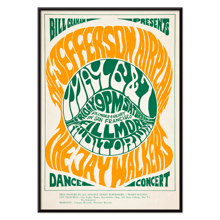 Diseño Póster de Wes Wilson para The Jefferson Airplane Jay Walkers en el Auditorio Fillmore con texto vibrante en naranja y verde.