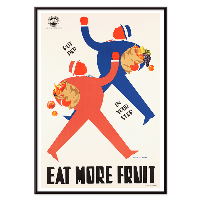 Poster showing two stylized figures carrying baskets of fruit with the text Put Pep in Your Step Eat More Fruit by Wpa Health Department