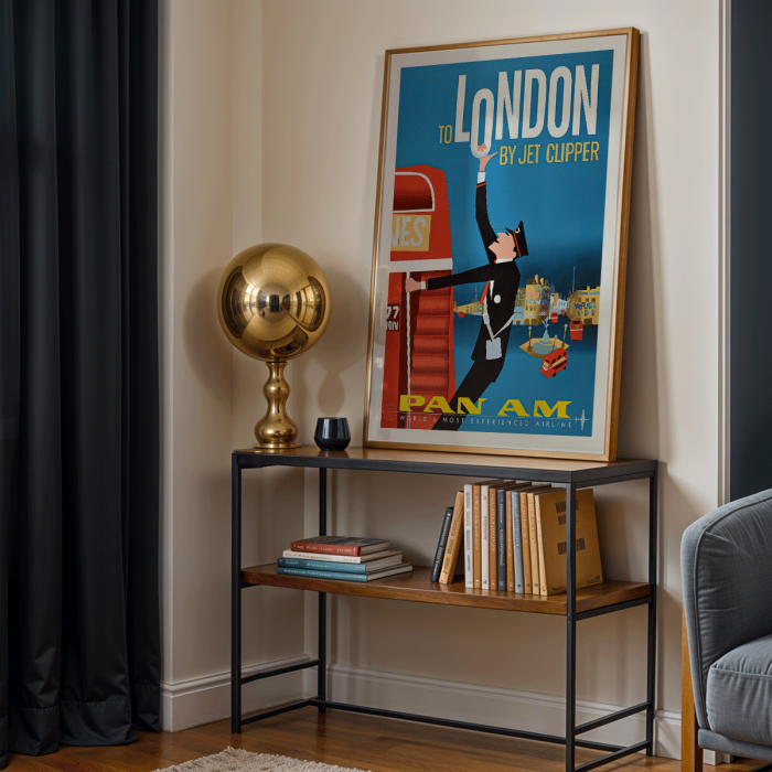 Poster featuring a flight attendant and double-decker bus promoting travel to London by Jet Clipper Pan-Am Airlines.