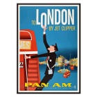 Póster presenta un asistente de vuelo y un autobús de dos pisos que promociona viajes a Londres en Jet Clipper de Pan-Am Airlines.