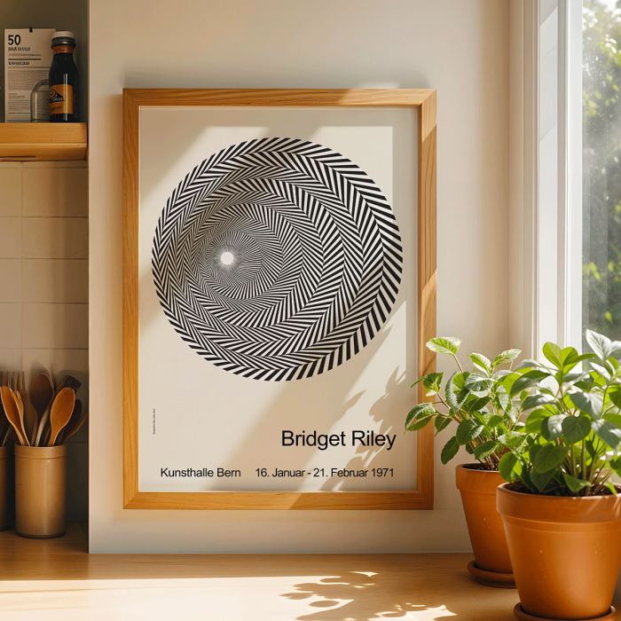 Riley Blaze Exhibition Poster by Bridget Riley featuring black and white spiral geometric design on a light background.