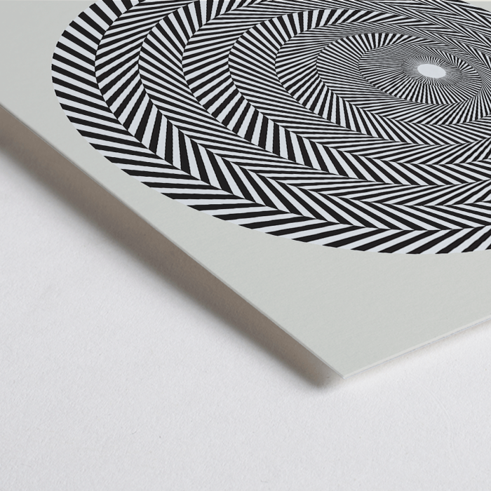 Riley Blaze Exhibition Poster by Bridget Riley featuring black and white spiral geometric design on a light background.