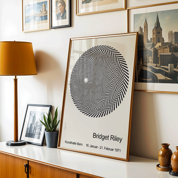 Riley Blaze Exhibition Poster by Bridget Riley featuring black and white spiral geometric design on a light background.