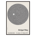 Riley Blaze Exhibition Poster by Bridget Riley featuring black and white spiral geometric design on a light background.