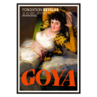 Cartel de la exposición La maja vestida de Francisco Goya en la Fundación Beyeler que muestra a la mujer reclinada con un atuendo blanco y dorado