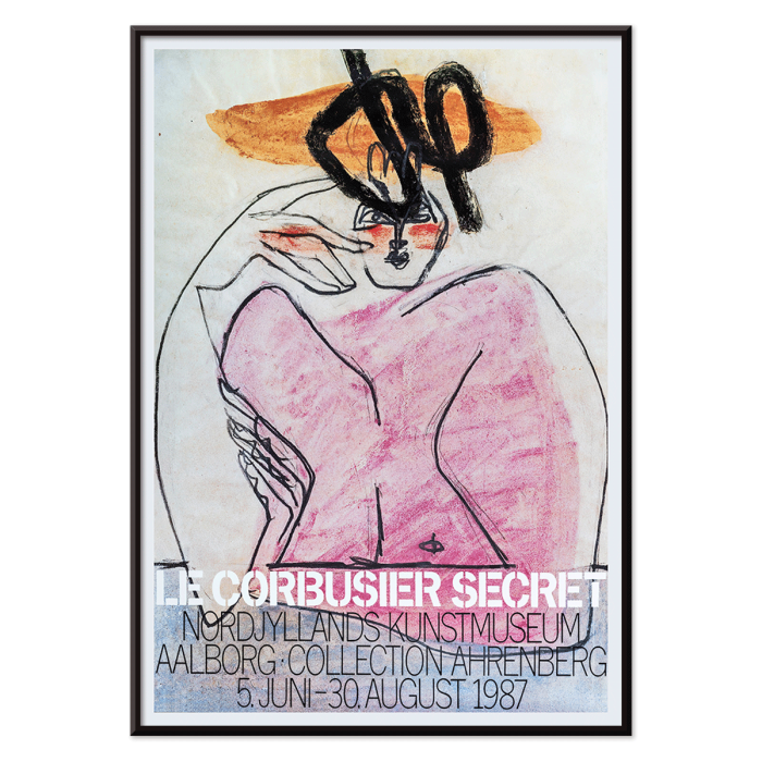 Secret Ahrenberg Collection Exhibition poster by Le Corbusier featuring abstract art with bold lines and vivid colors.