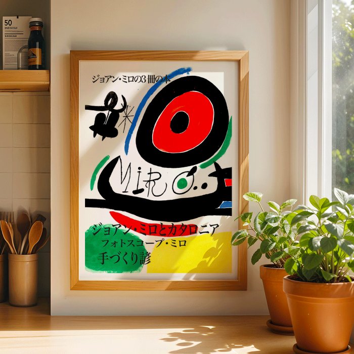 Colorful abstract shapes and Japanese text on a poster by Joan Miro titled Osaka Exhibition Poster.