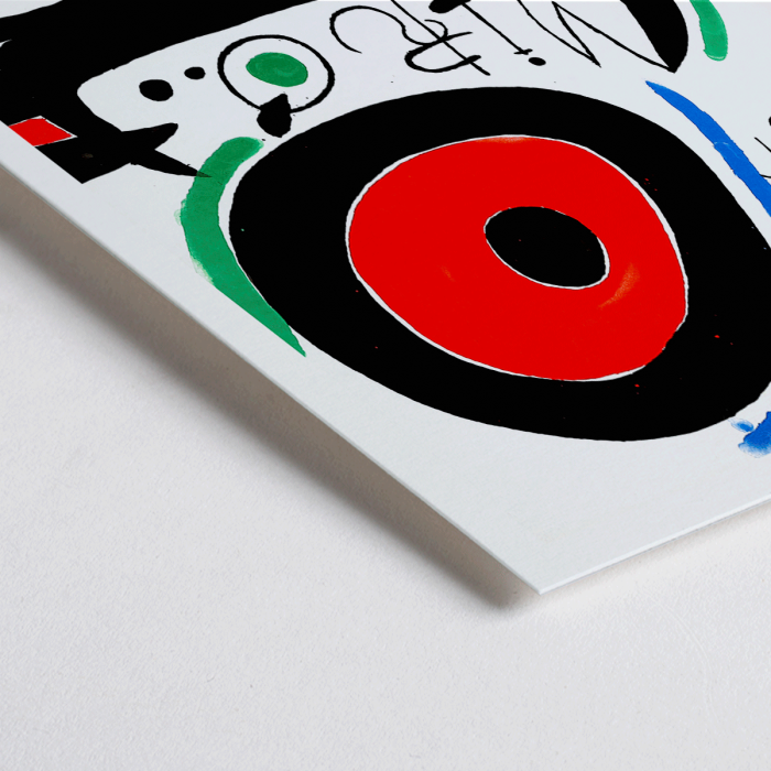 Colorful abstract shapes and Japanese text on a poster by Joan Miro titled Osaka Exhibition Poster.