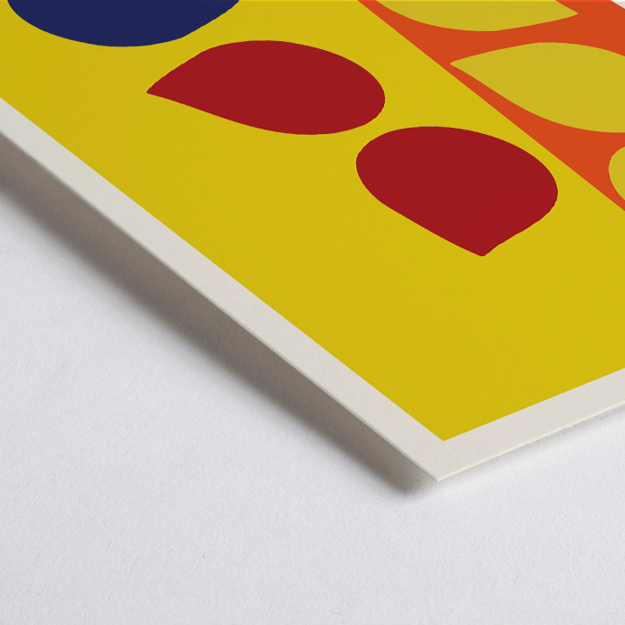 Exhibition poster by Ib Geertsen featuring abstract shapes in yellow red and blue on an orange and yellow background