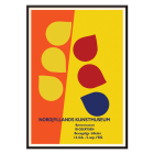 Exhibition poster by Ib Geertsen featuring abstract shapes in yellow red and blue on an orange and yellow background