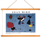 Poster of abstract artwork Woman and Bird at Night by Joan Miro featuring colorful shapes on a blue background