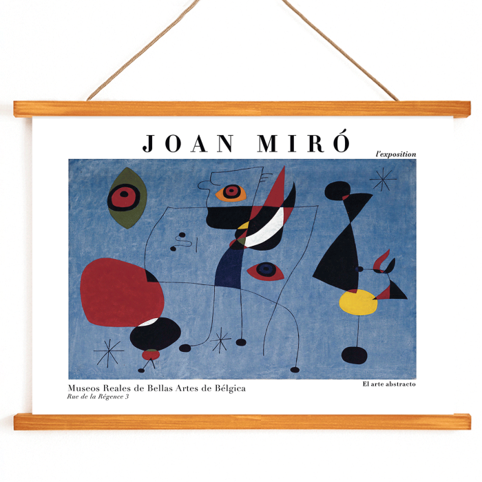 Poster de l'œuvre d'art abstraite Femme et oiseau la nuit de Joan Miro présentant des formes colorées sur un fond bleu