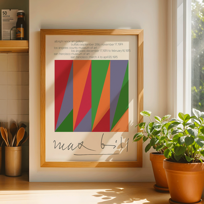 Colorful geometric shapes on exhibition poster by Max Bill titled Serigraph Silkscreen with signature at bottom in a black frame