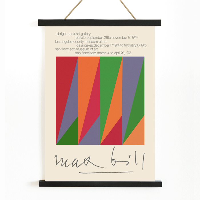 Colorful geometric shapes on exhibition poster by Max Bill titled Serigraph Silkscreen with signature at bottom in a black frame