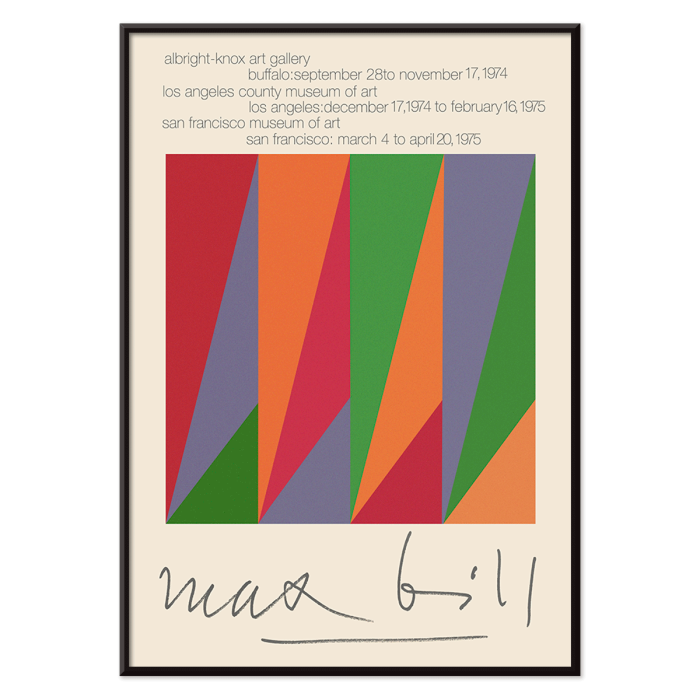 Colorful geometric shapes on exhibition poster by Max Bill titled Serigraph Silkscreen with signature at bottom in a black frame