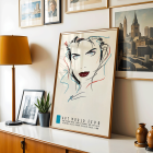 Poster featuring the female portrait artwork Metropolis Julie by Dennis Mukai with colorful abstract lines and bold lips.