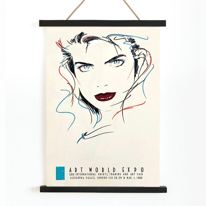 Poster featuring the female portrait artwork Metropolis Julie by Dennis Mukai with colorful abstract lines and bold lips.