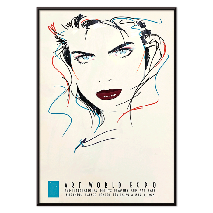 Póster presenta la obra de arte del retrato femenino Metropolis Julie de Dennis Mukai con líneas abstractas coloridas y labios atrevidos.