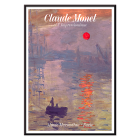 Affiche de l'exposition Claude Monet intitulée Soleil Levan présentant une scène impressionniste vibrante avec un soleil rouge sur l'eau.