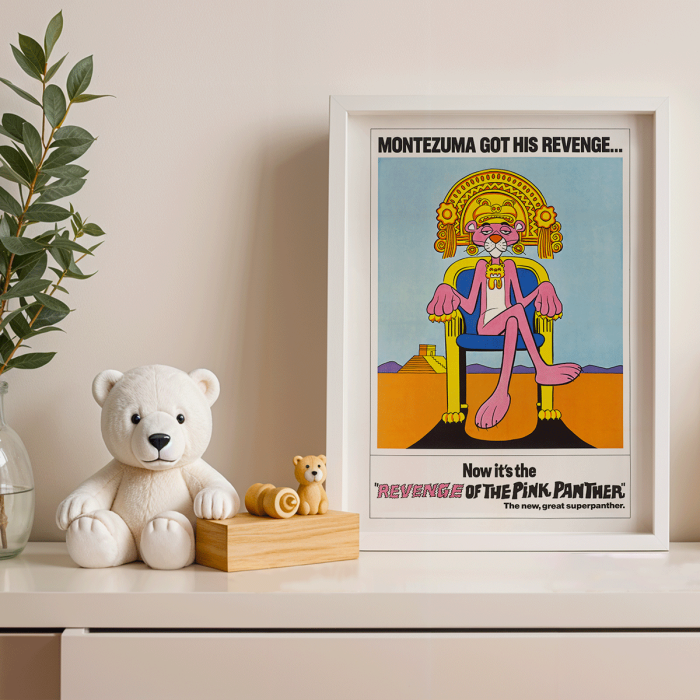 Poster depicting the Pink Panther sitting on a throne with Montezuma theme titled Revenge of the Pink Panther.