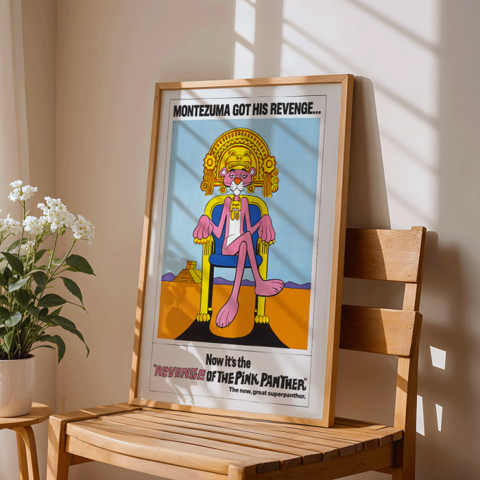 Poster depicting the Pink Panther sitting on a throne with Montezuma theme titled Revenge of the Pink Panther.