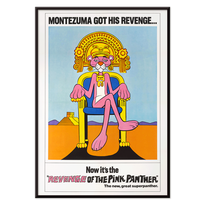 Poster depicting the Pink Panther sitting on a throne with Montezuma theme titled Revenge of the Pink Panther.