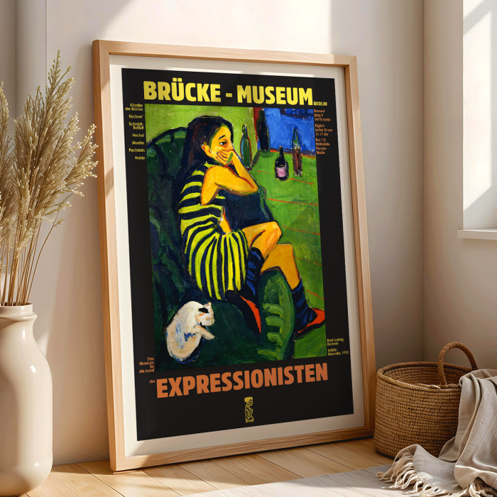 Cartel de la exposición del Museo Brücke que presenta a la Artista Femenina de Ernst Ludwig Kirchner con una colorida pintura expresionista.