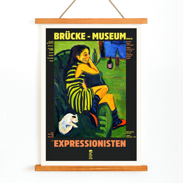 Affiche de l'exposition du musée Brücke mettant en vedette l'artiste féminine d'Ernst Ludwig Kirchner avec une peinture expressionniste colorée.