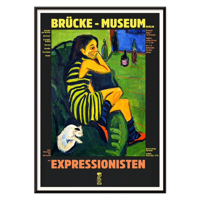 Cartel de la exposición del Museo Brücke que presenta a la Artista Femenina de Ernst Ludwig Kirchner con una colorida pintura expresionista.