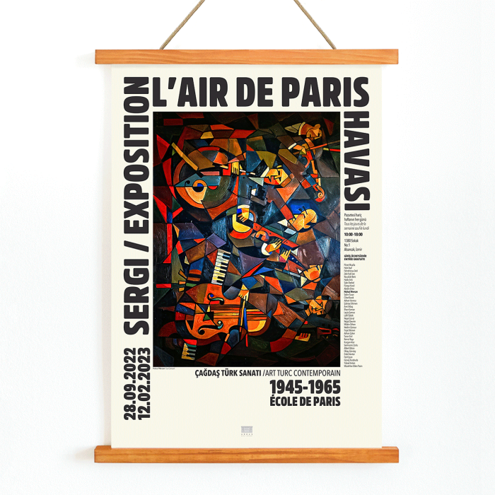 Cartel de la exposición L'Air de Paris que presenta la obra de arte abstracta Le Concert de Hulusi Mercan con instrumentos musicales y colores vibrantes.