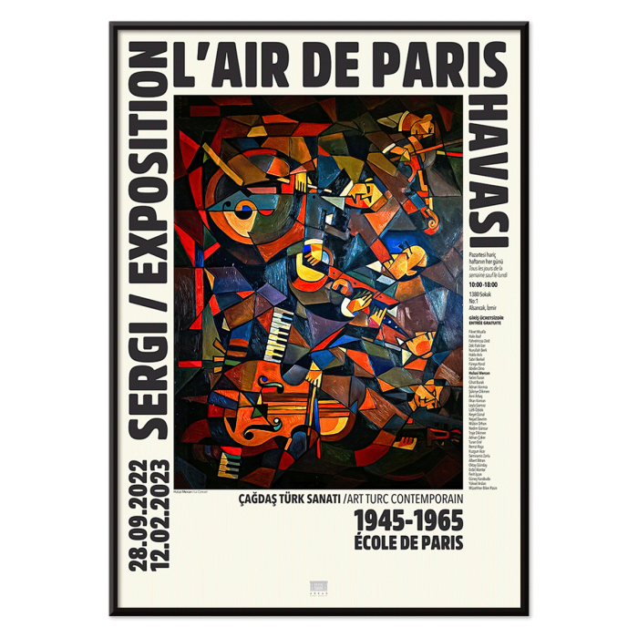 Cartel de la exposición L'Air de Paris que presenta la obra de arte abstracta Le Concert de Hulusi Mercan con instrumentos musicales y colores vibrantes.