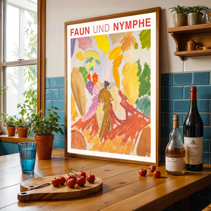 Poster showing vibrant abstract figures with bold colors titled Faun and Nymphe by Edvard Weie.