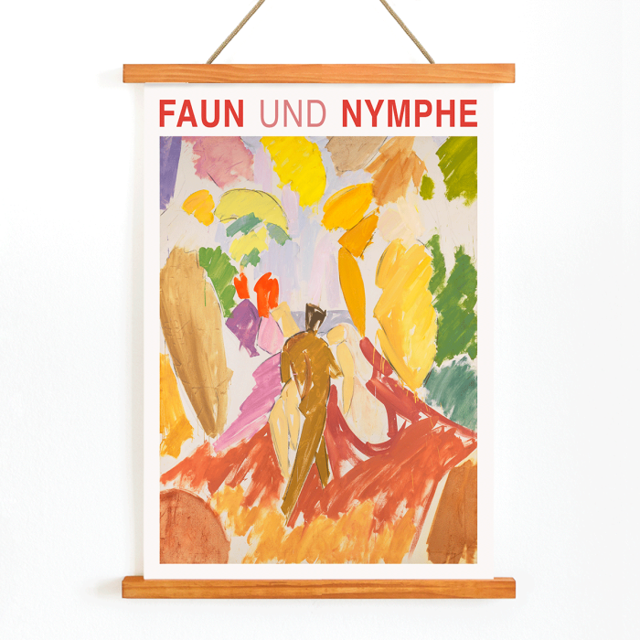 Poster showing vibrant abstract figures with bold colors titled Faun and Nymphe by Edvard Weie.