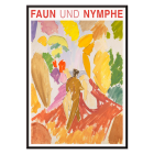 Poster showing vibrant abstract figures with bold colors titled Faun and Nymphe by Edvard Weie.