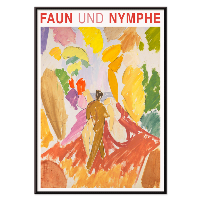 Poster showing vibrant abstract figures with bold colors titled Faun and Nymphe by Edvard Weie.