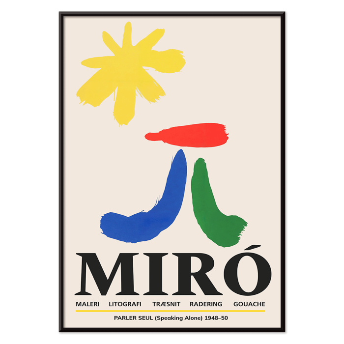 Exhibition poster Parler Seul by Joan Miro featuring abstract colorful shapes on a light background.