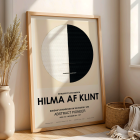 Cartel de exposición con obra de arte abstracta El punto de vista de Buda en la vida terrenal de Hilma Af Klint con un diseño circular.