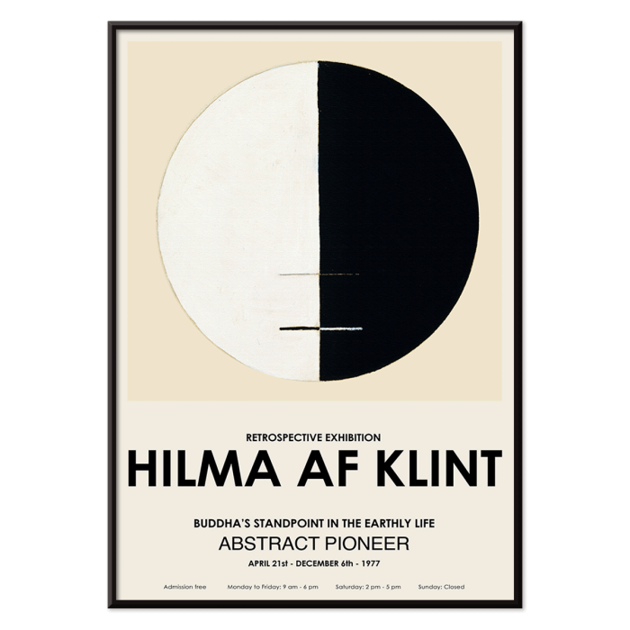 Cartel de exposición con obra de arte abstracta El punto de vista de Buda en la vida terrenal de Hilma Af Klint con un diseño circular.