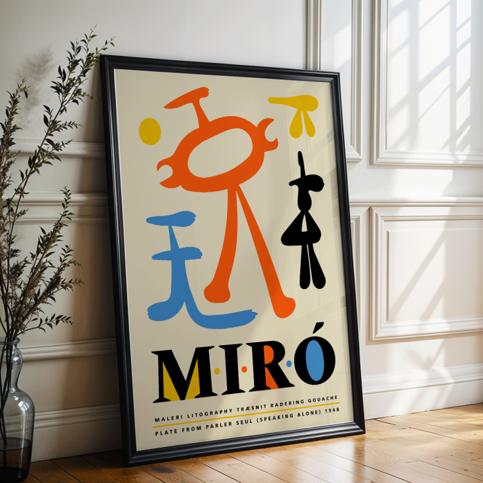 Affiche d'exposition inspirée de l'œuvre Parler Seul de Joan Miro présentant des formes abstraites colorées et une typographie audacieuse.