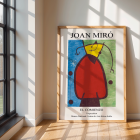 Affiche de l'exposition El Comienzo inspirée de Joan Miro avec des formes abstraites et des couleurs vives dans un cadre